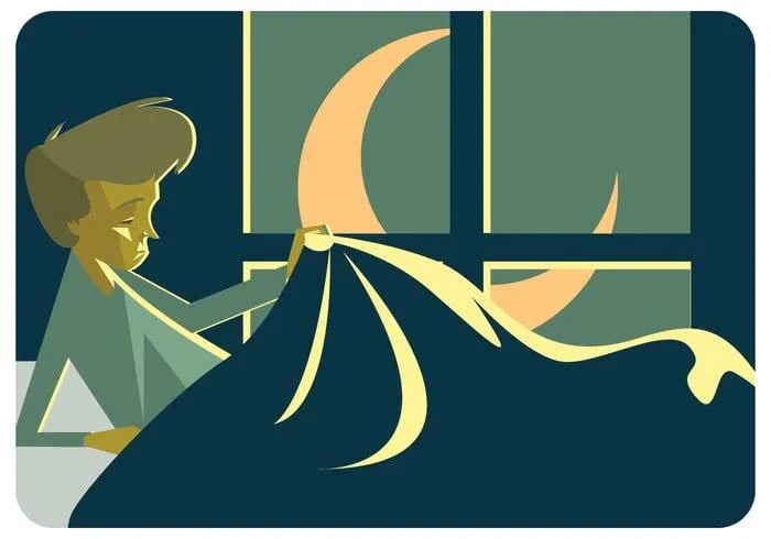 Illustration of a person lying awake in bed at night with a crescent moon visible through the window