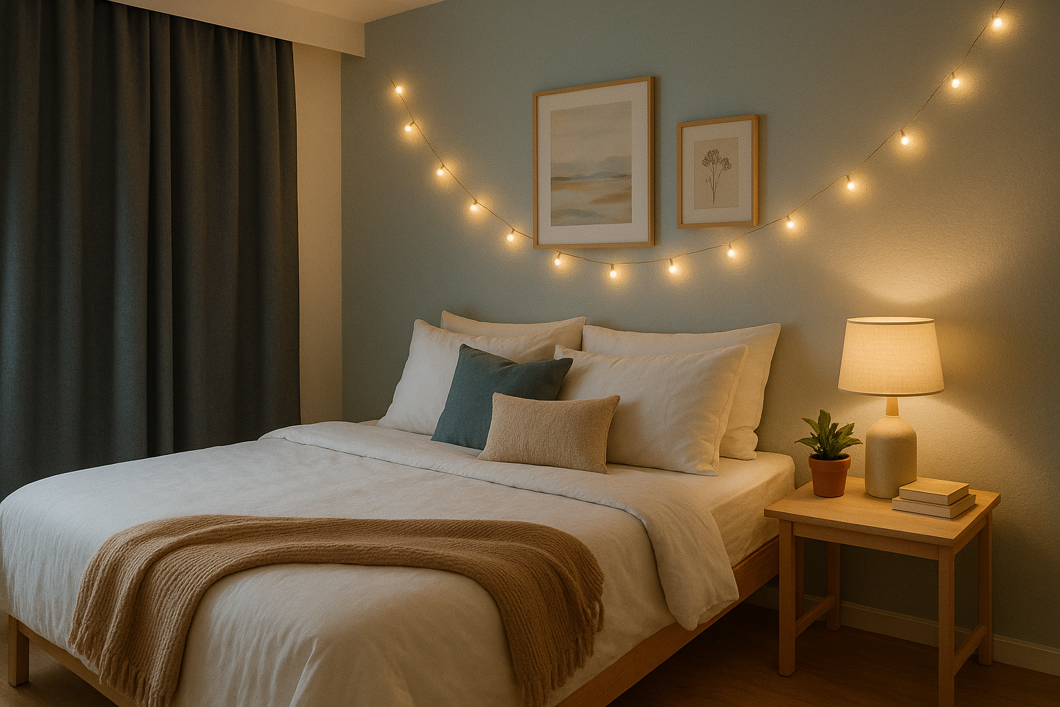 Cozy bedroom with white bedding, beige throw, string lights, framed art, and wooden nightstand with lamp