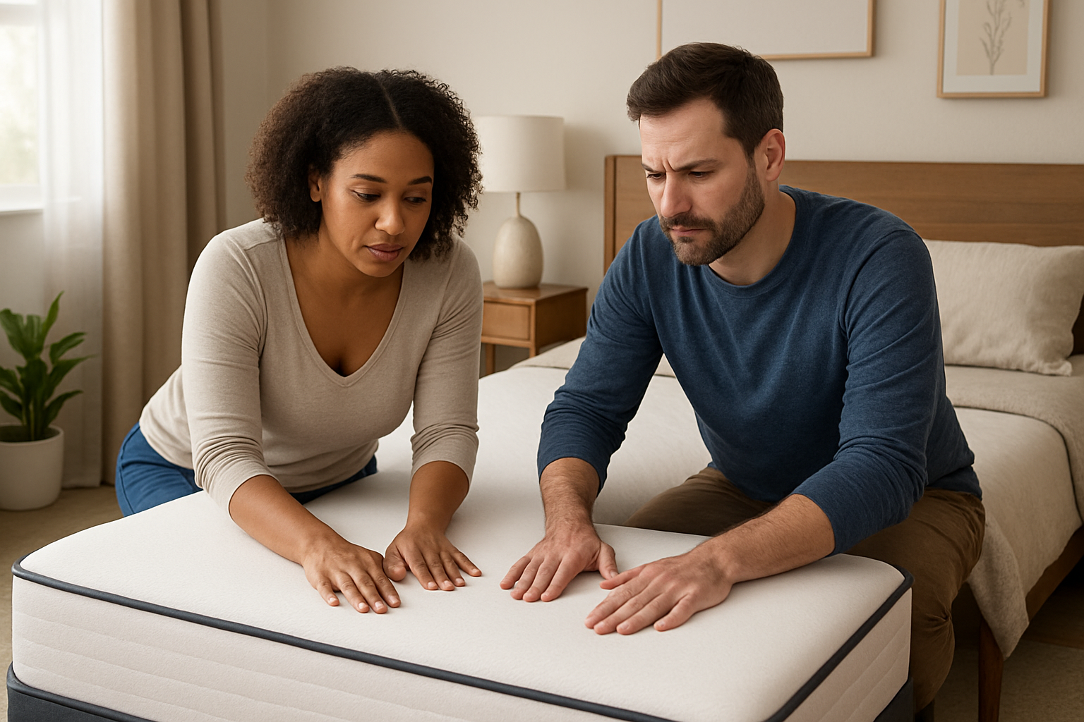 Couple inspecting a mattress in a bedroom, focusing on mattress comfort and quality