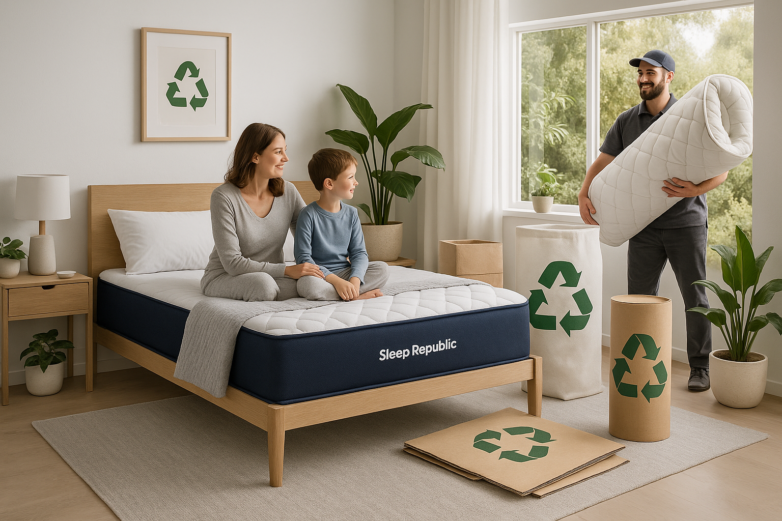 Mother and son sitting on Sleep Republic mattress in eco-friendly bedroom with recycling symbols and delivery man holding rolled mattress