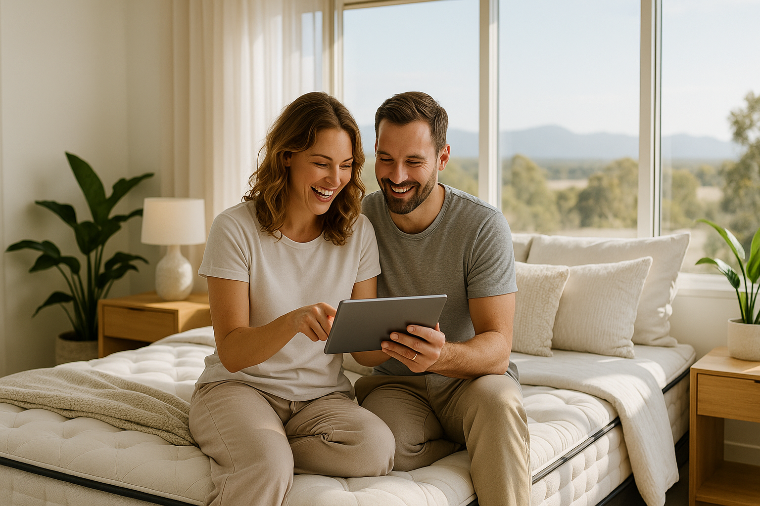 Smiling couple sitting on bed using tablet in bright modern bedroom with plants and large window