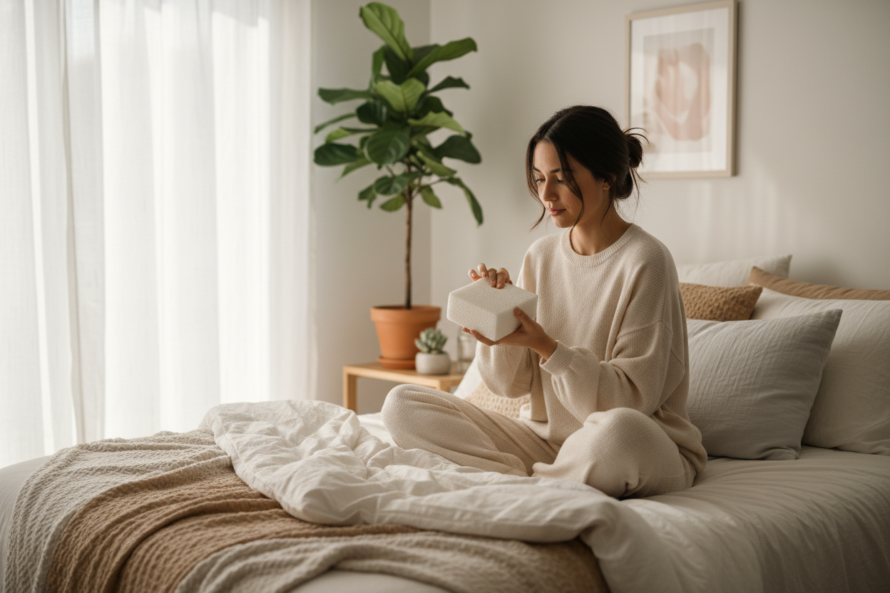 Woman in beige loungewear sitting on bed holding mattress foam sample in cozy bedroom