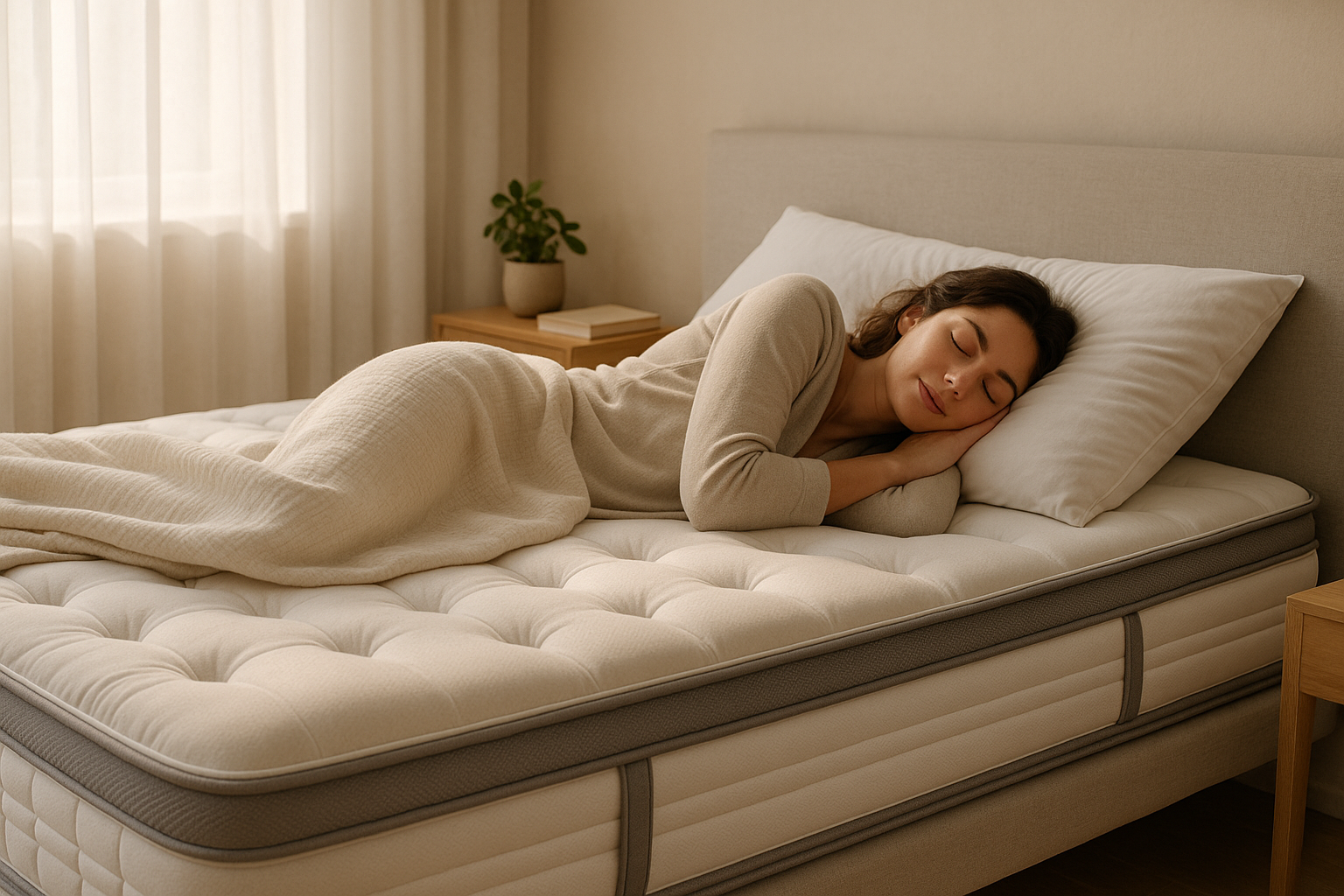 Woman sleeping peacefully on a plush pocket spring mattress in a cozy, neutral-toned bedroom