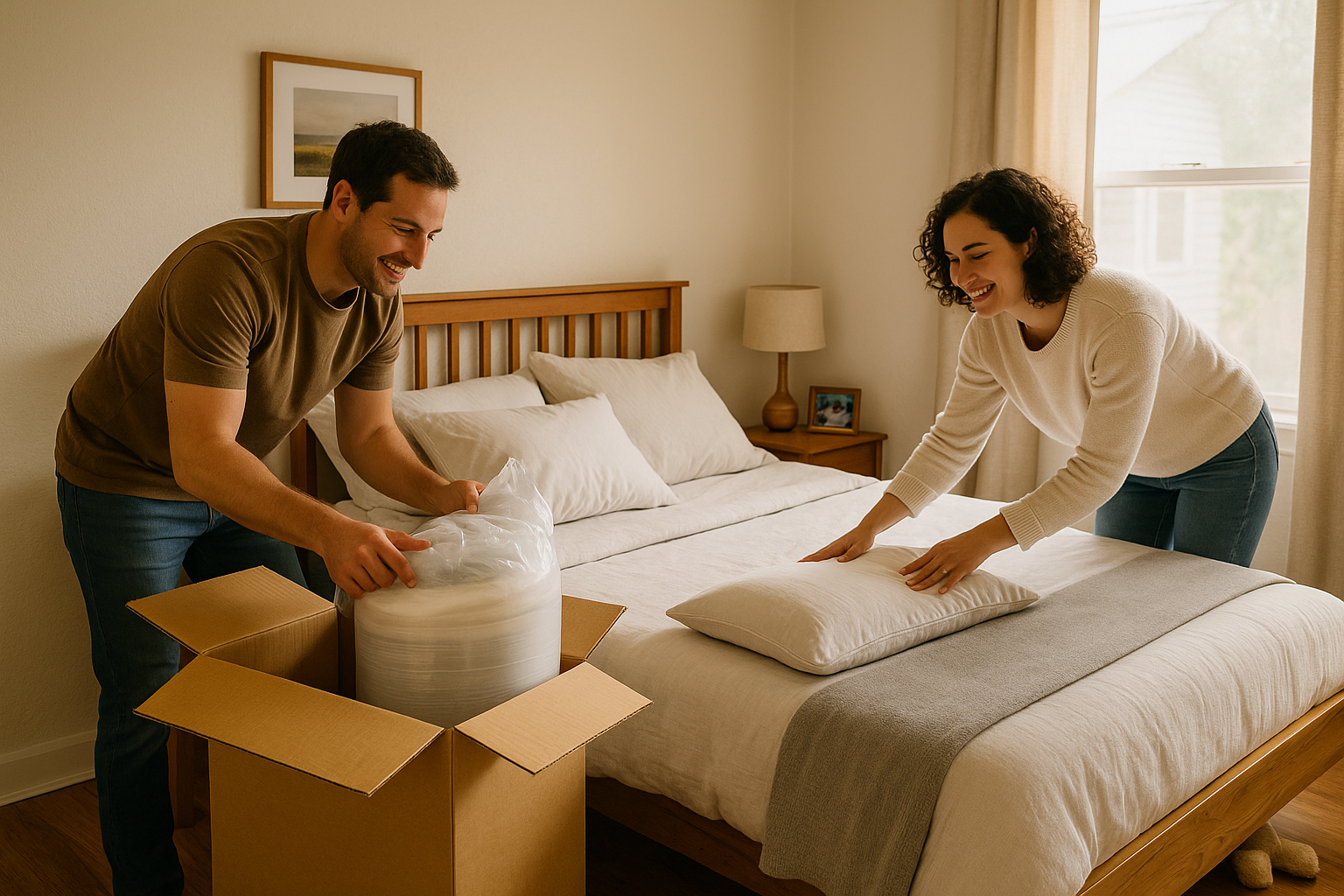Happy couple setting up a bed with pillows and unpacking mattress topper in cozy bedroom