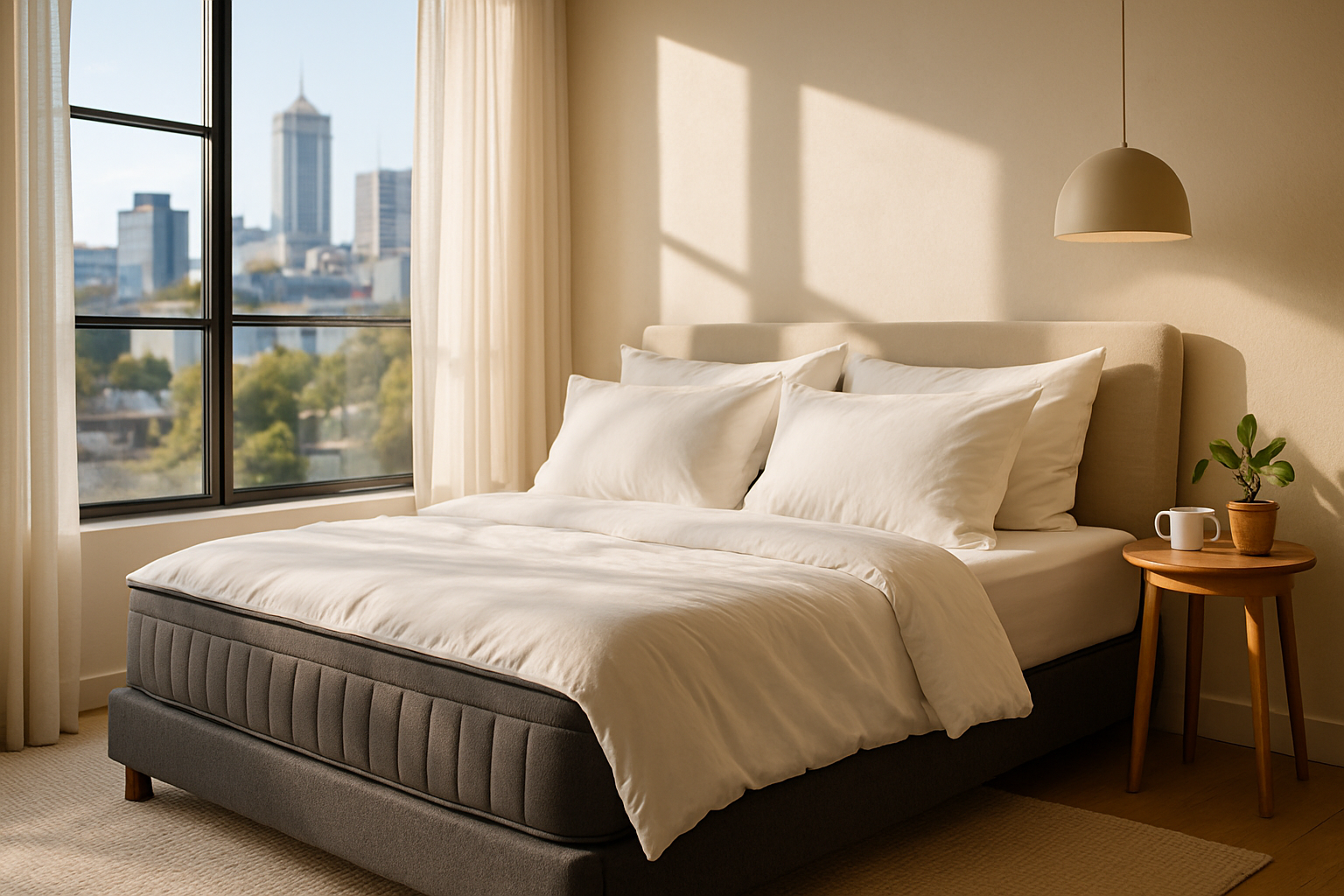 Modern bedroom with plush mattress and white bedding near large window showing city skyline in daylight
