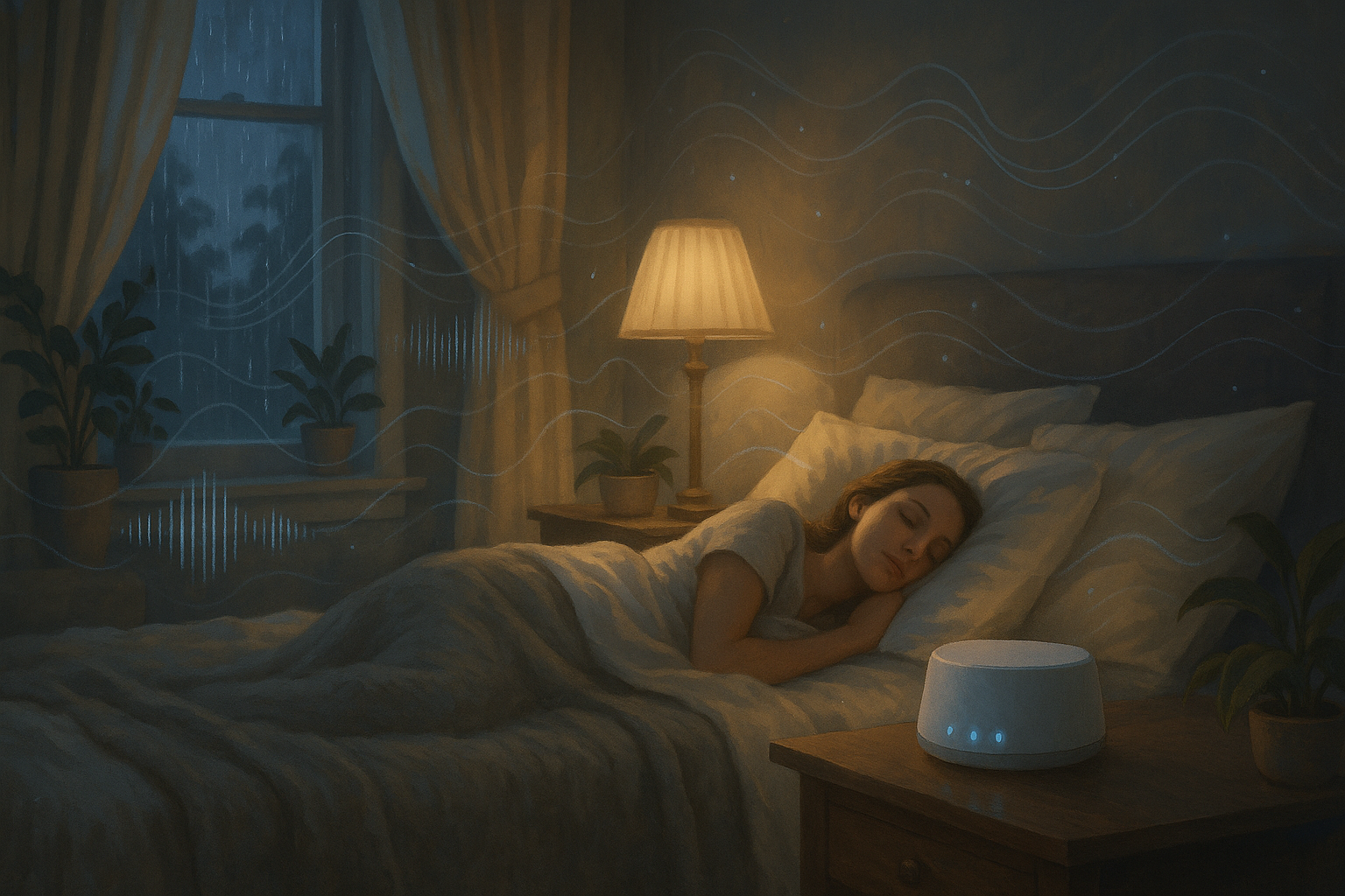 Woman sleeping peacefully in cozy bedroom with white noise machine and rainy window