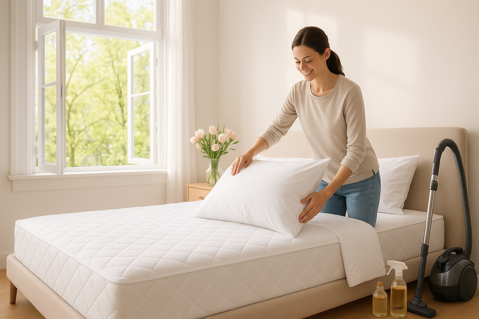 Smiling woman refreshing mattress and pillow in bright bedroom with open window and vacuum cleaner