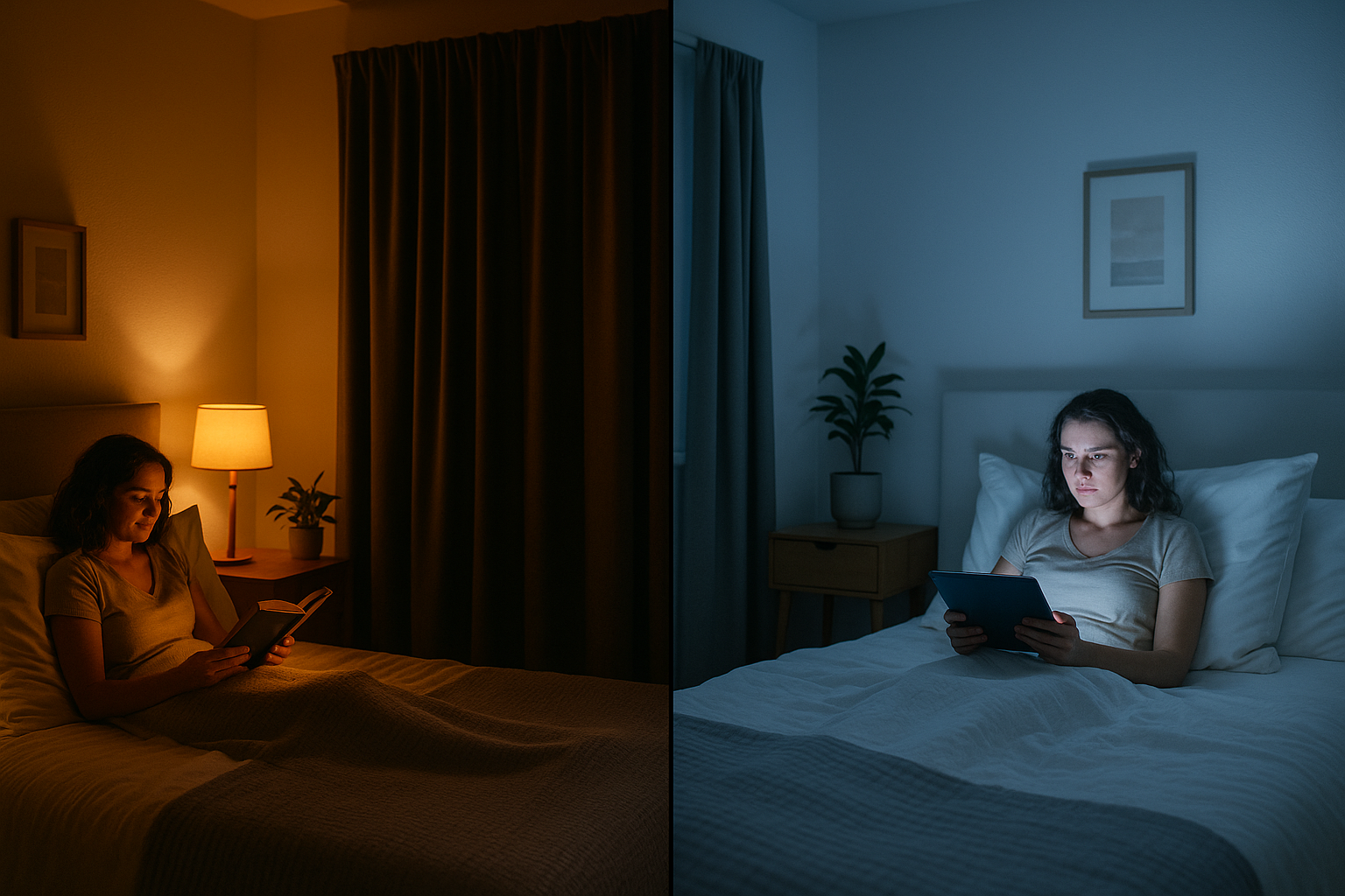 Split image showing a woman reading a book by warm bedside lamp light and another using a tablet in blue light