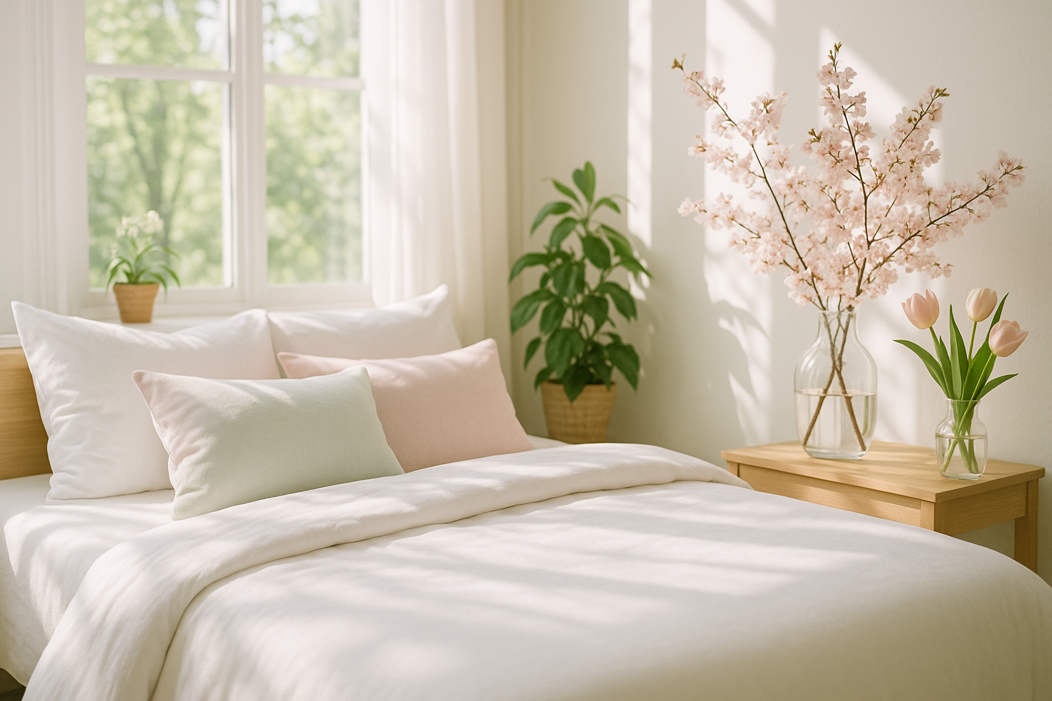 Bright bedroom with white bedding, soft pastel pillows, plants, and spring flowers on wooden nightstand