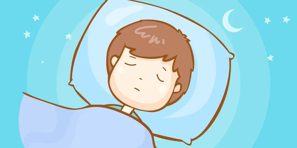 Cartoon boy peacefully sleeping on pillow under blanket against night sky with moon and stars