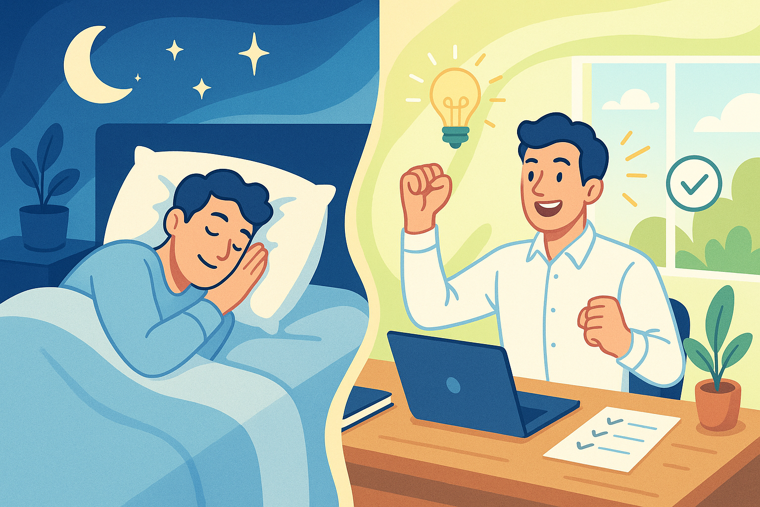 Illustration of a man peacefully sleeping at night and the same man feeling productive with ideas at his desk during the day
