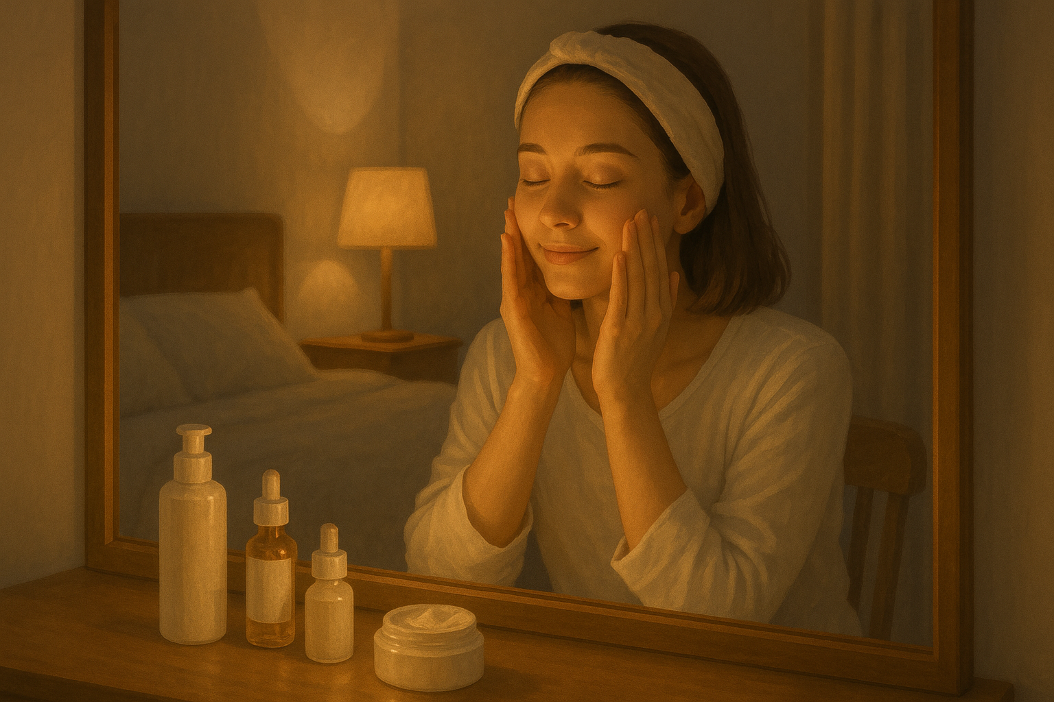 Woman in white headband applying skincare cream at vanity table with bottles at night