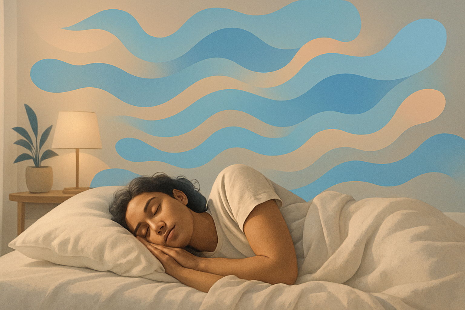 Person peacefully sleeping in bed with blue waves above, white bedding, lamp, and plant in bedroom