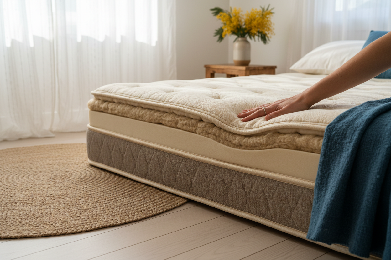Hand testing thick mattress topper on beige bed in cozy bedroom with natural light and flowers