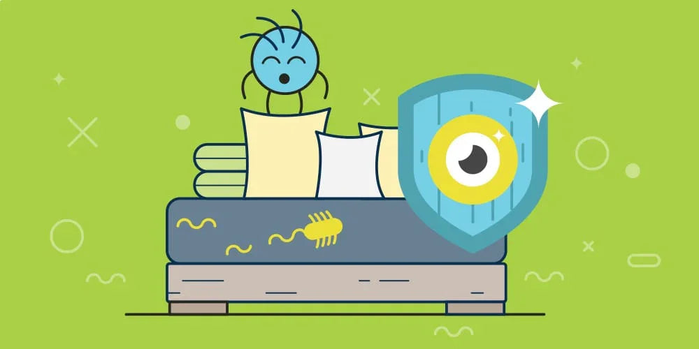 Illustration of a bed with cartoon dust mite, pillows, and a shiny shield representing protective sleep