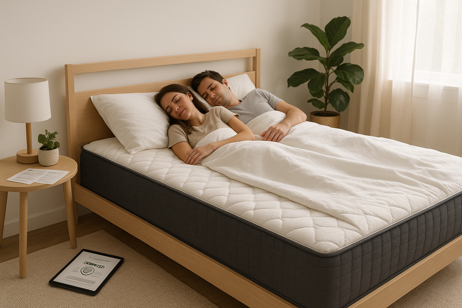 Couple sleeping peacefully on a modern mattress in a minimalist bedroom with wooden bed frame