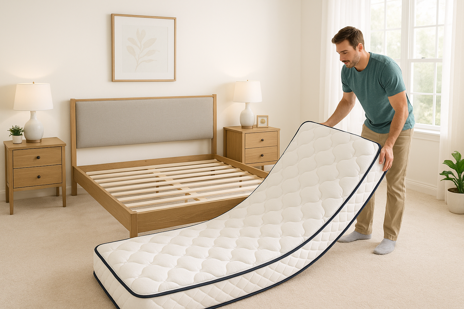 Man removing a white mattress from a wooden bed frame in a bright bedroom with beige decor