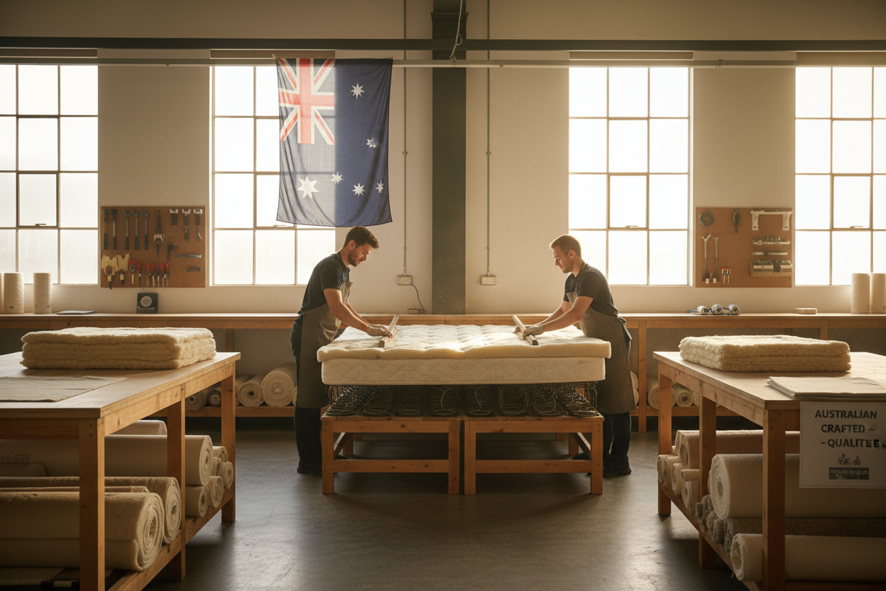 Two craftsmen in workshop making Australian-made mattress under national flag with rolls of fabric and tools