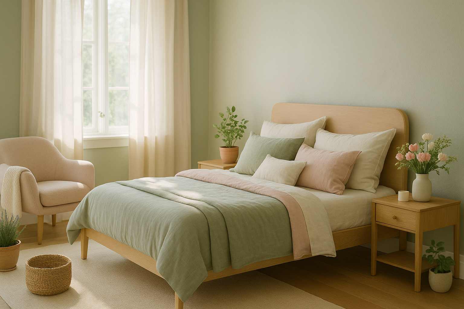 Cozy bedroom with green and pink bedding, wooden furniture, plants, and natural light