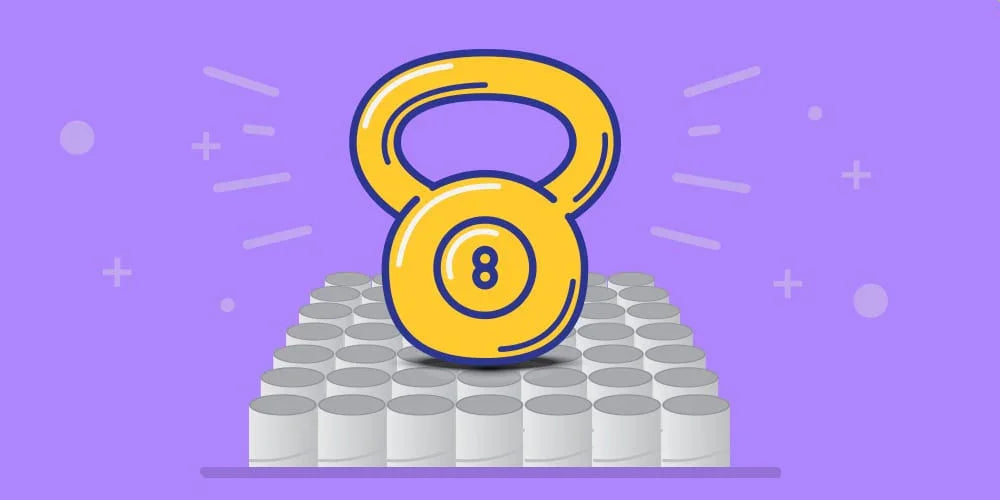 Illustration of a yellow kettlebell marked 8 on top of multiple gray cylindrical springs on a purple background