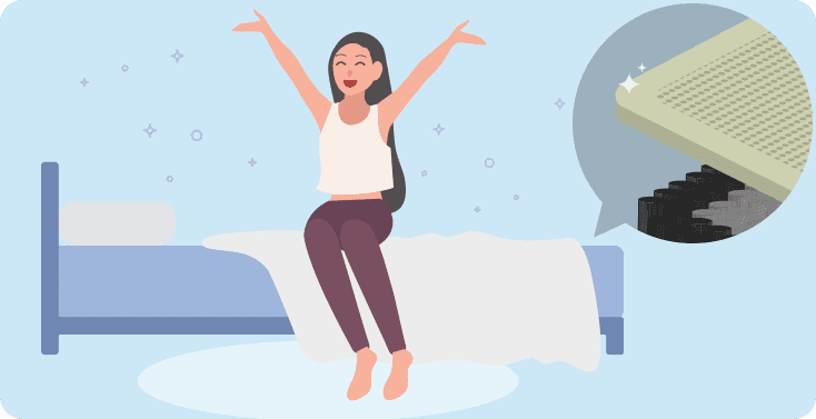 Happy woman sitting on bed with latex mattress layer close-up showing comfort and support