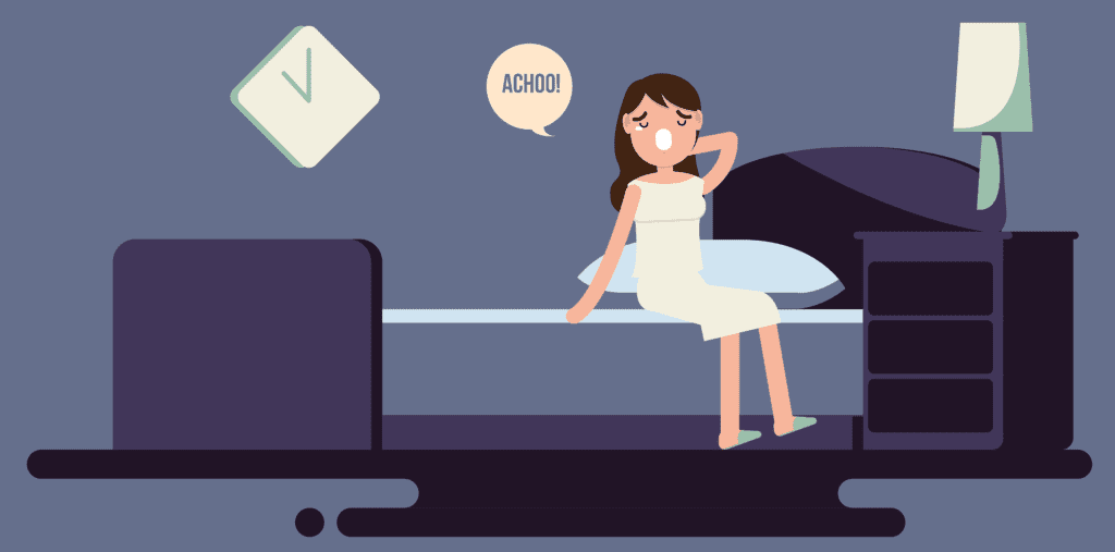 Illustration of a woman sneezing on a bed in a bedroom with clock and lamp