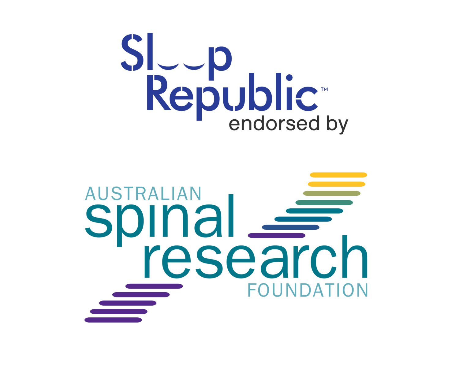 Sleep Republic logo endorsed by Australian Spinal Research Foundation logo with colorful spine design