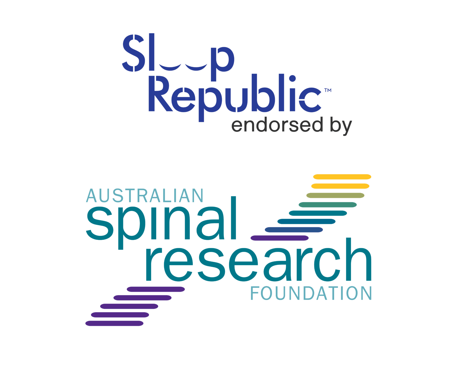 Sleep Republic logo endorsed by Australian Spinal Research Foundation logo with colorful spine design