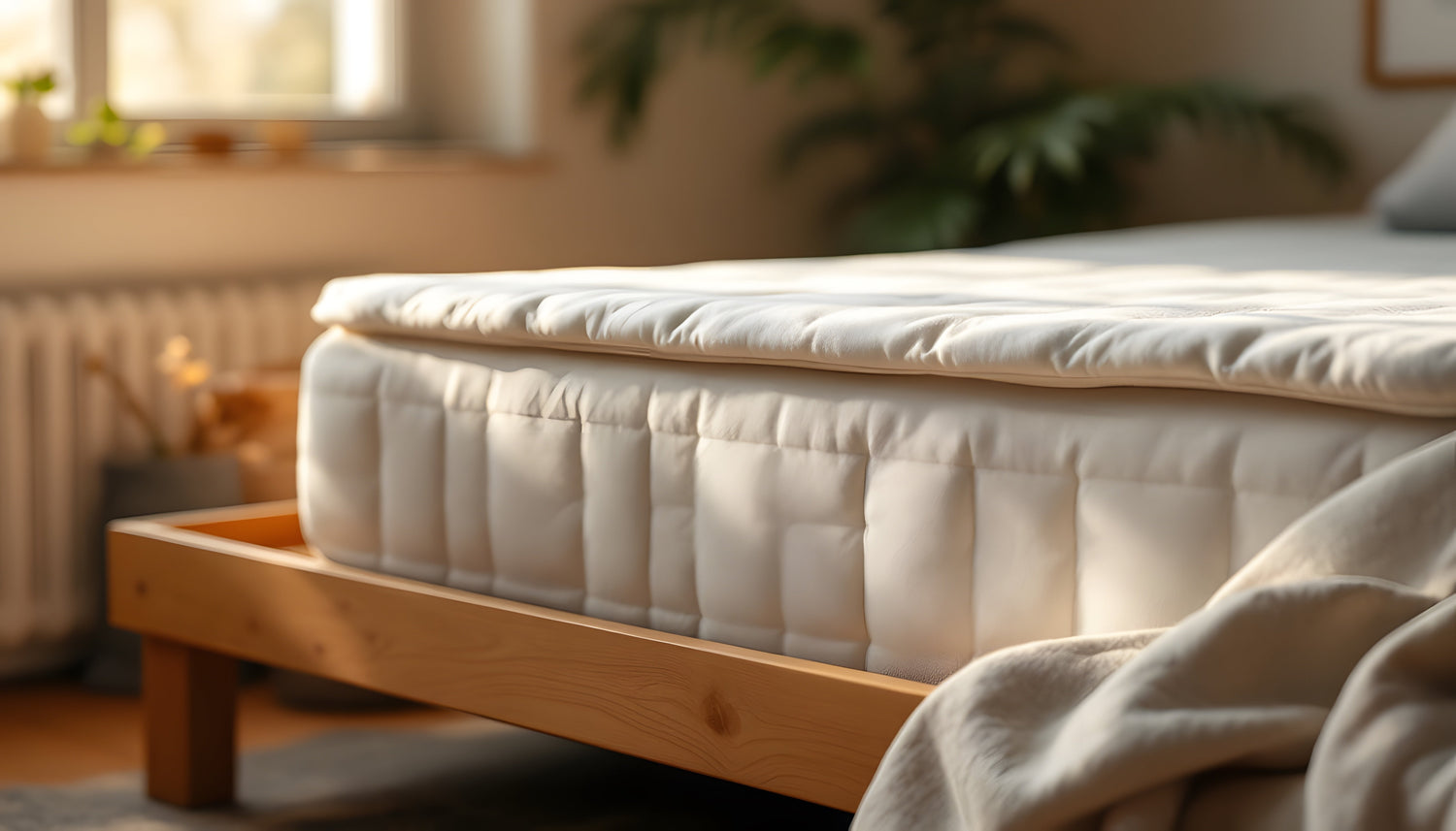 Close-up of a white mattress on a wooden bed frame in a bright bedroom with green plants
