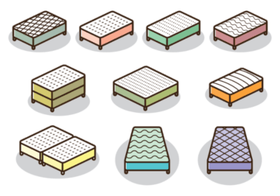 Vector icons of various mattress types and bed bases in different colors and quilt patterns
