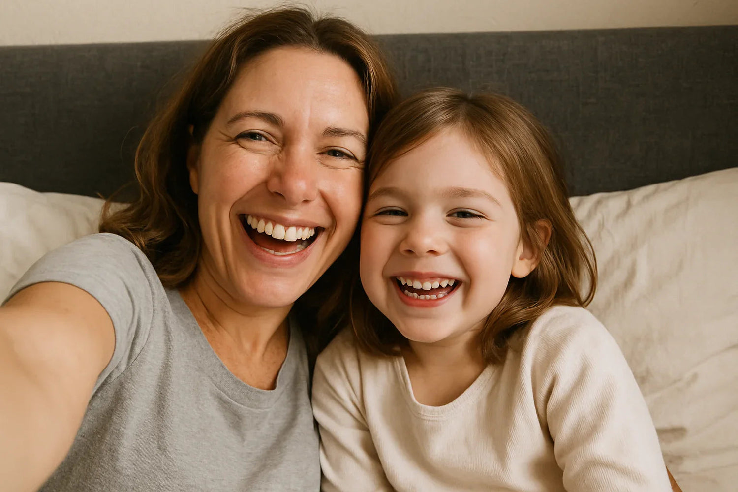 Smiling mother and daughter taking a close-up selfie together on a bed