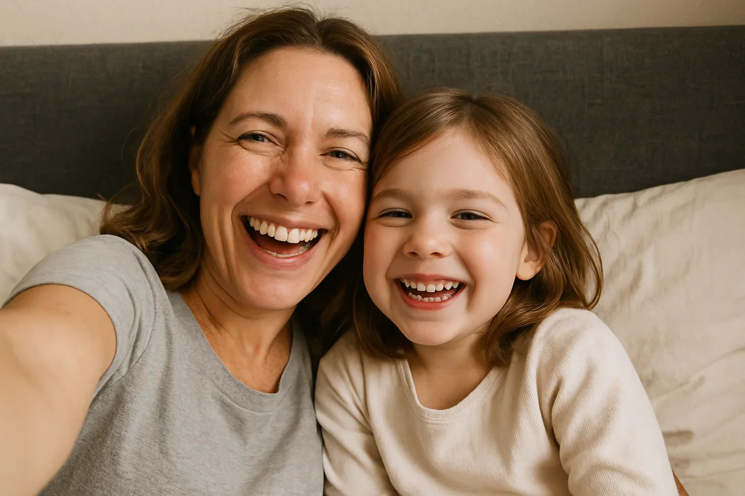 Smiling mother and daughter taking a close-up selfie together on a bed