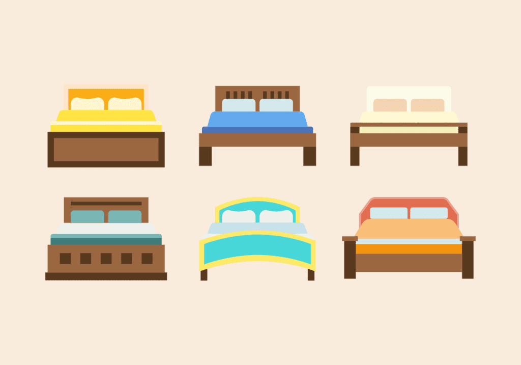 Six colorful bed illustrations with different headboards and bedding styles on beige background
