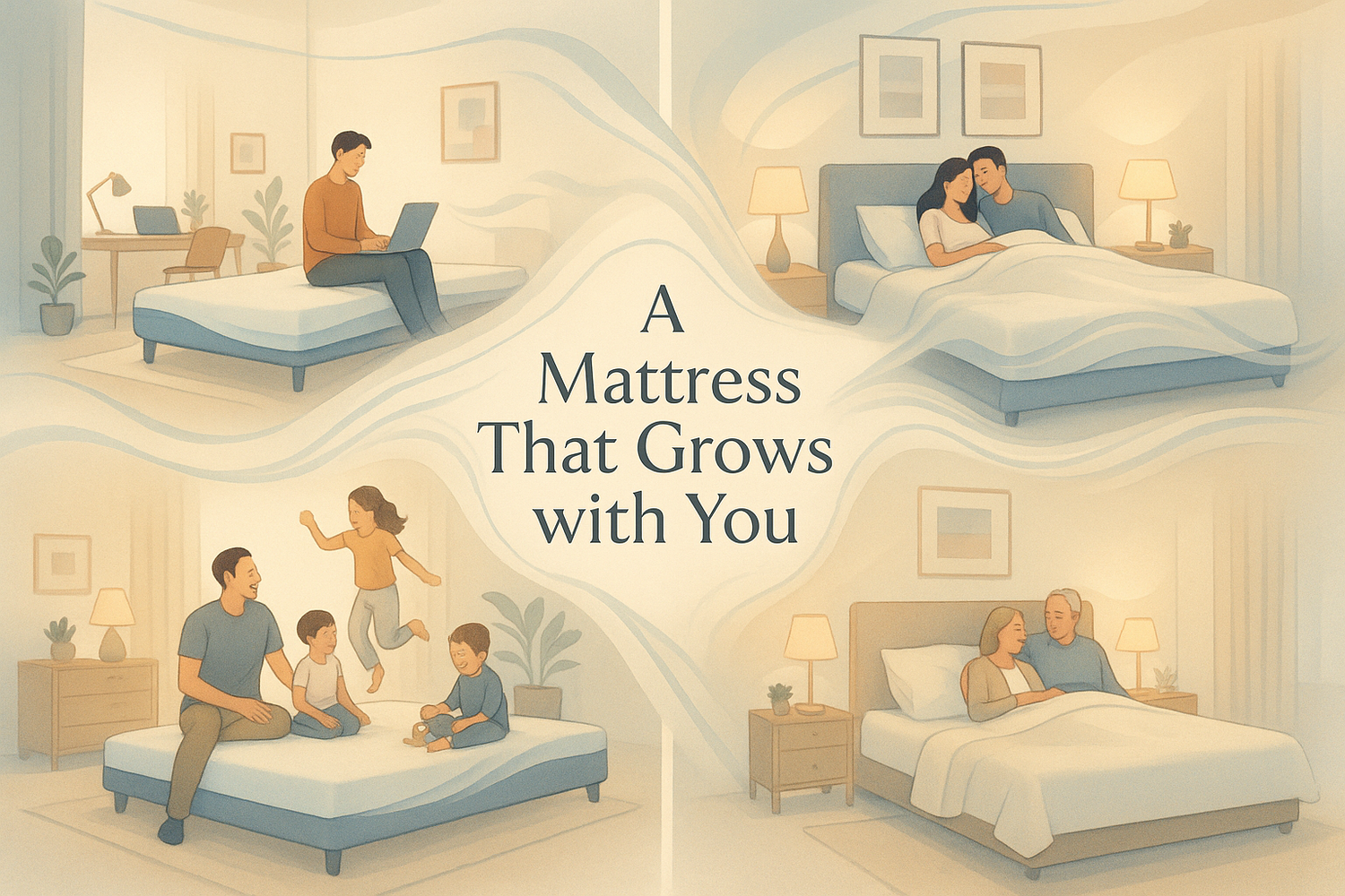 Illustration showing a mattress adapting for individuals, couples, kids, and seniors with cozy bedroom setups