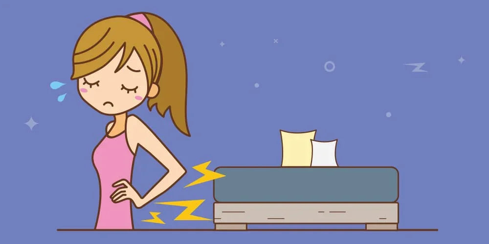 Illustration of a woman with back pain near a bed, highlighting discomfort and lower back pain