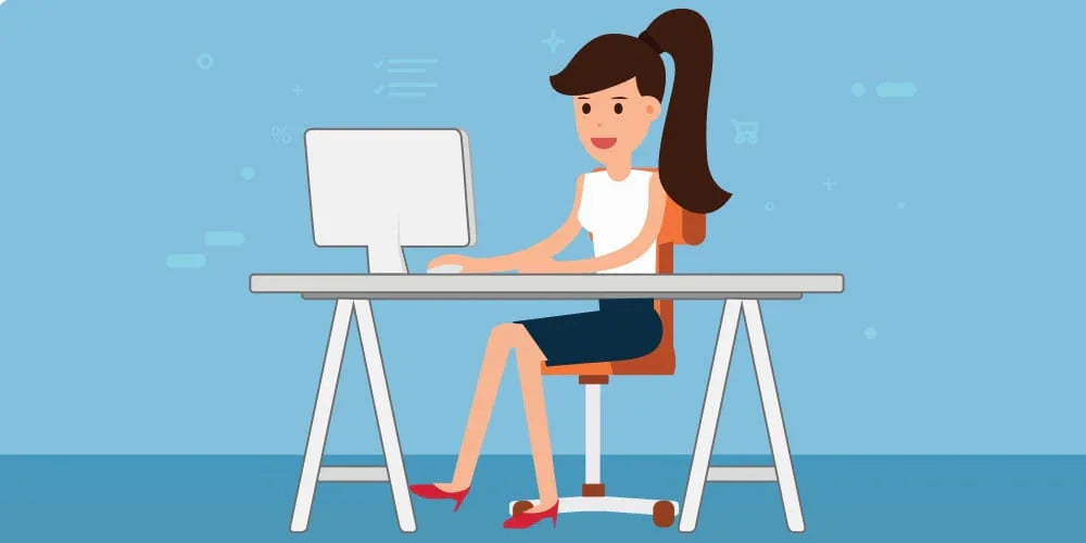 Illustration of woman with ponytail working on desktop computer at modern desk in office setting