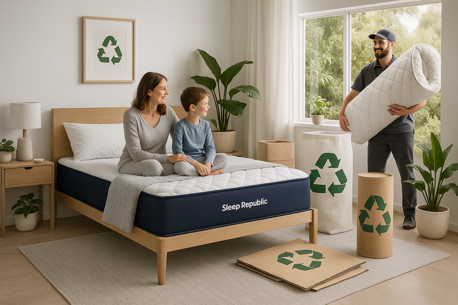 Mother and son sitting on Sleep Republic mattress in eco-friendly bedroom with recycling symbols and delivery man holding rolled mattress