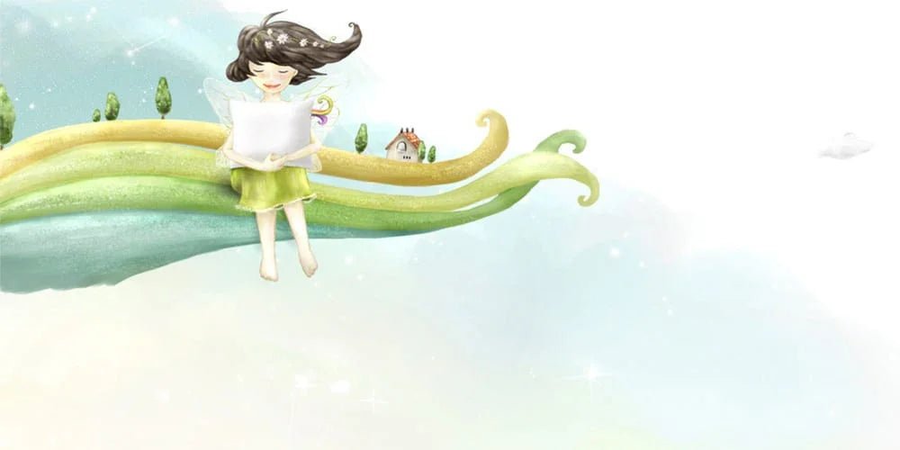 Whimsical fairy girl with dark hair and flower crown, sitting on colorful swirling clouds holding a white pillow