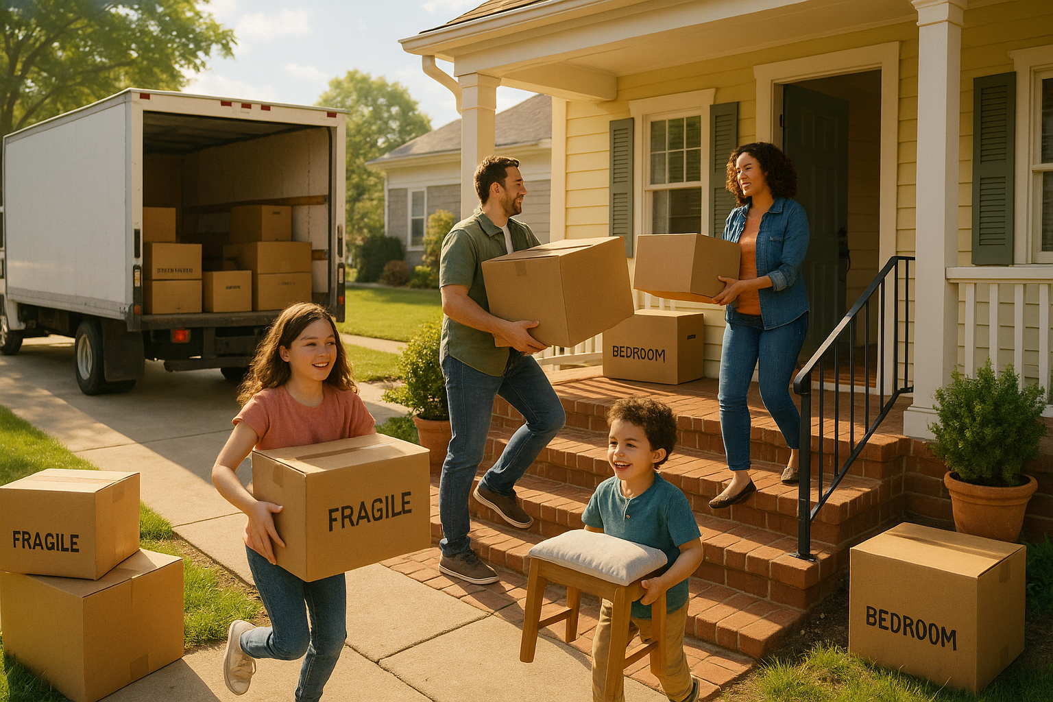 Family carrying cardboard boxes and furniture into a new yellow house during a moving day