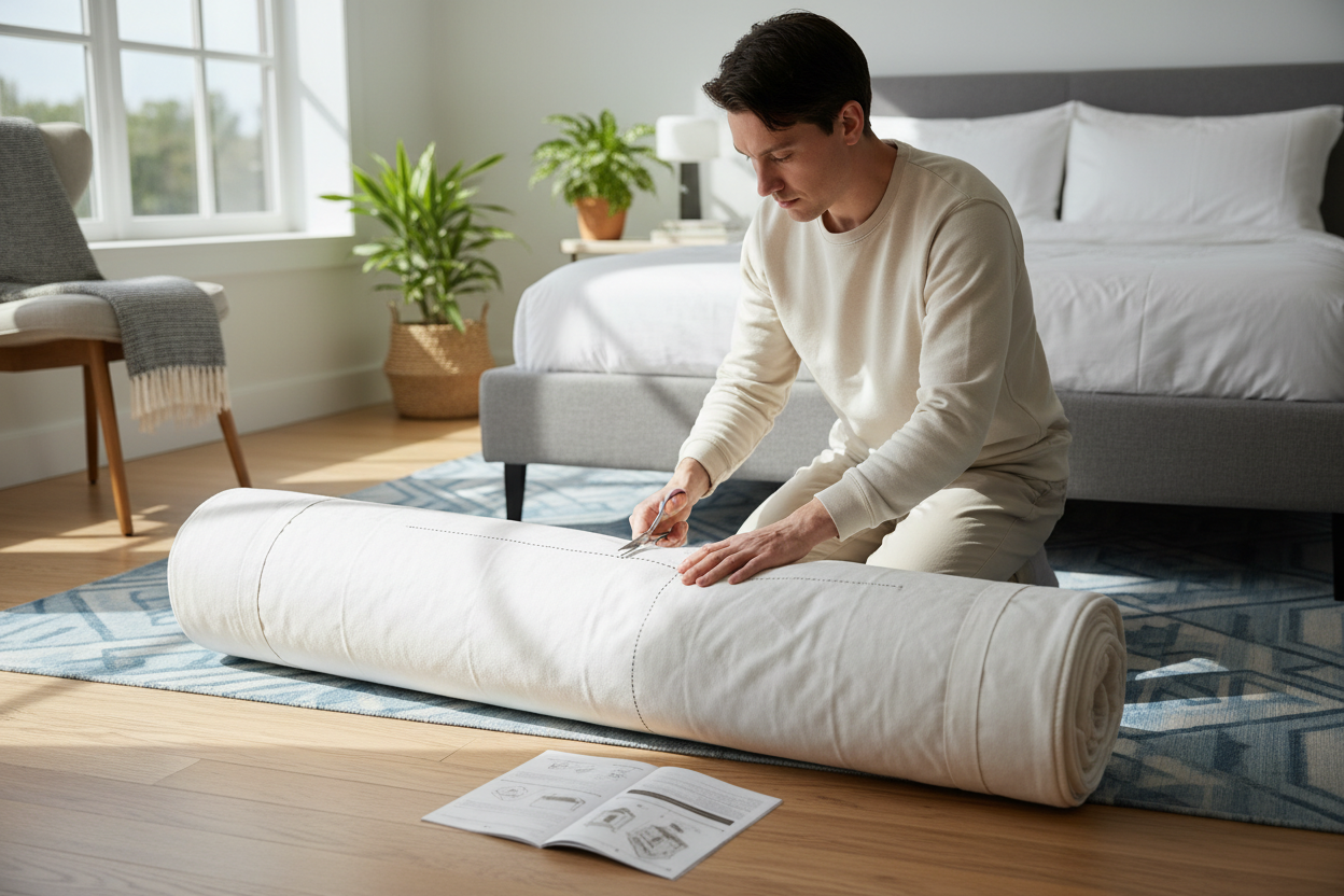 Man unboxing a rolled hybrid mattress in a bright bedroom with bed and plants
