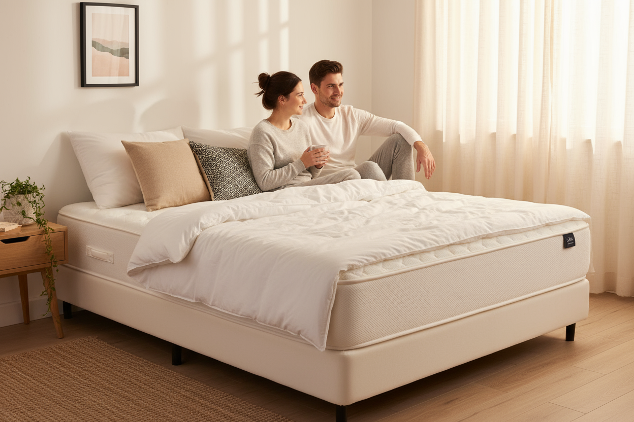 Couple sitting on cozy hybrid mattress in bright, modern bedroom with neutral decor and natural light