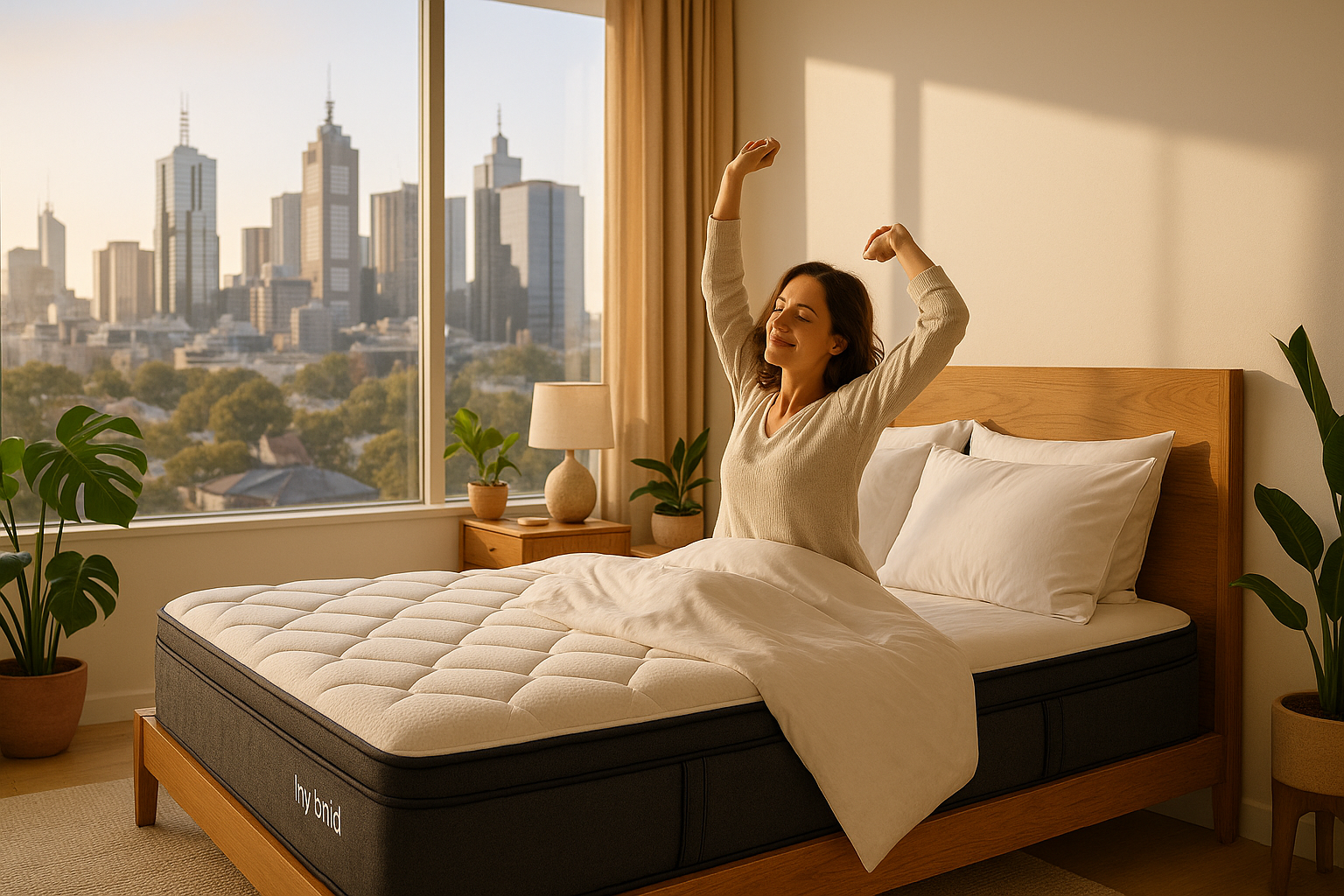 Woman stretching on Sleep Republic hybrid mattress in a modern bedroom with city skyline view