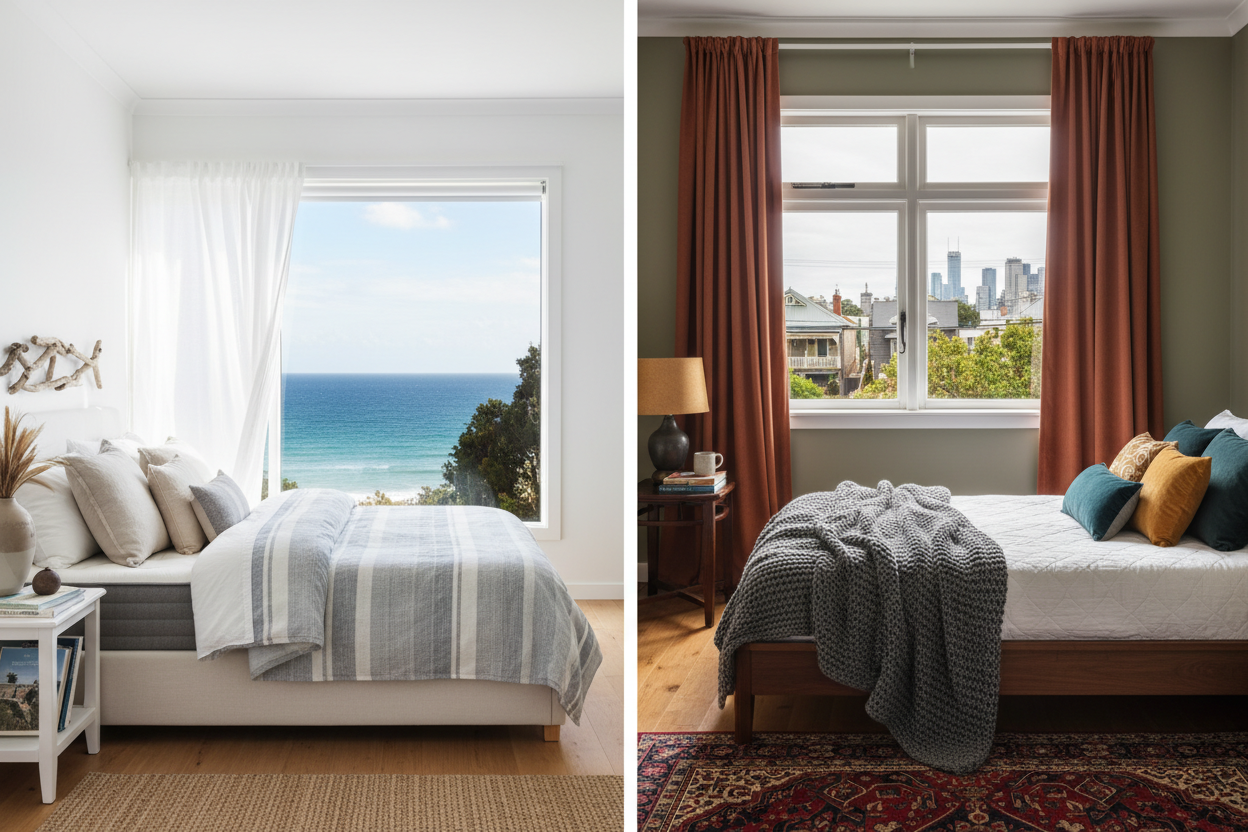 Two contrasting bedroom interiors, coastal with ocean view and inland with city skyline and warm decor