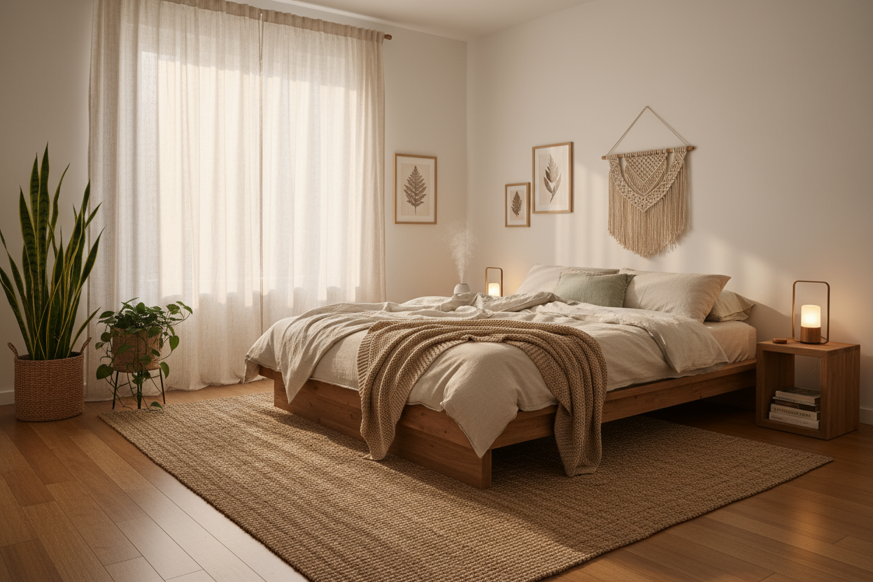 Eco-friendly bedroom with wooden bed, neutral bedding, wicker rug, plants, and soft natural light