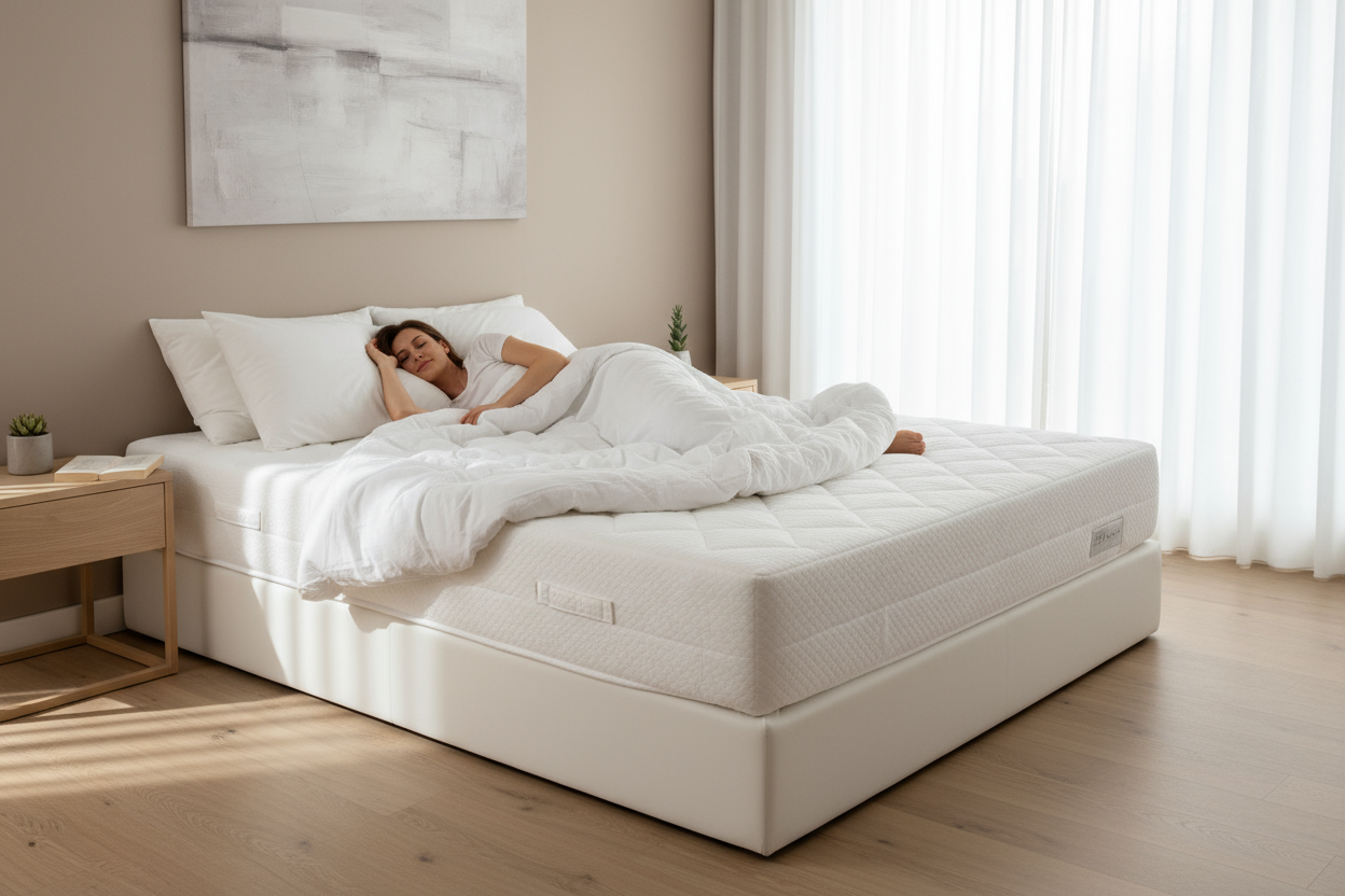 Woman sleeping on a white 3-zone pocket spring mattress in a bright, minimalist bedroom