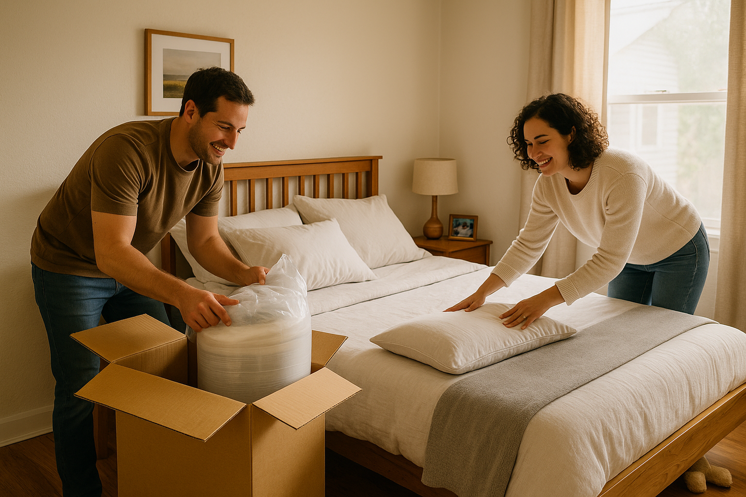 Happy couple setting up a bed with pillows and unpacking mattress topper in cozy bedroom