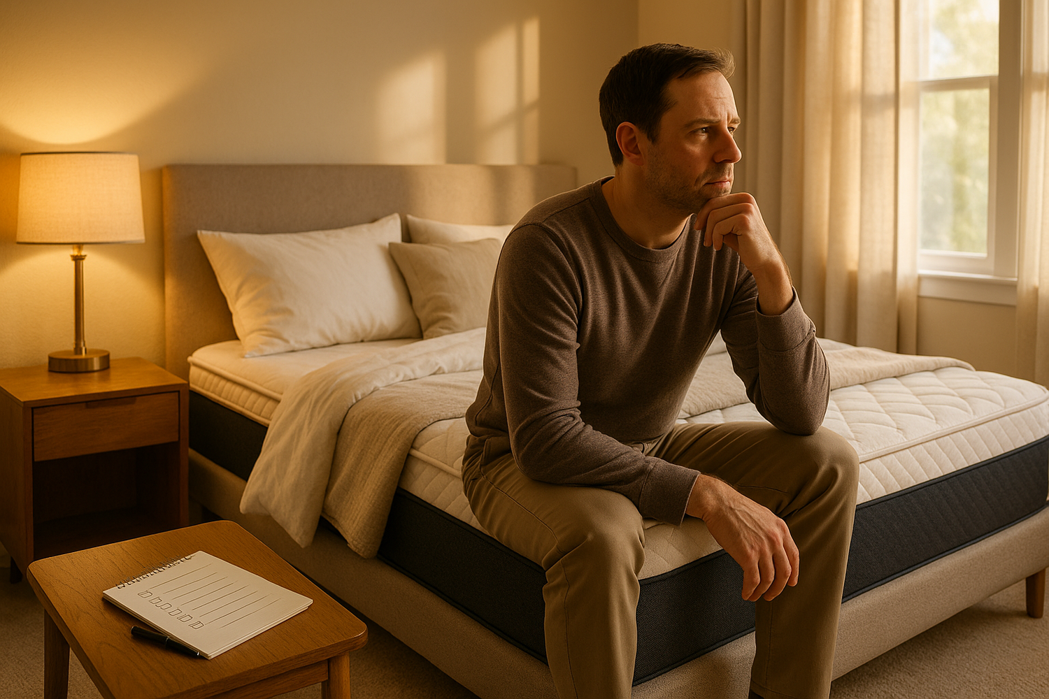 Man sitting thoughtfully on edge of bed with mattress in cozy bedroom with warm lighting