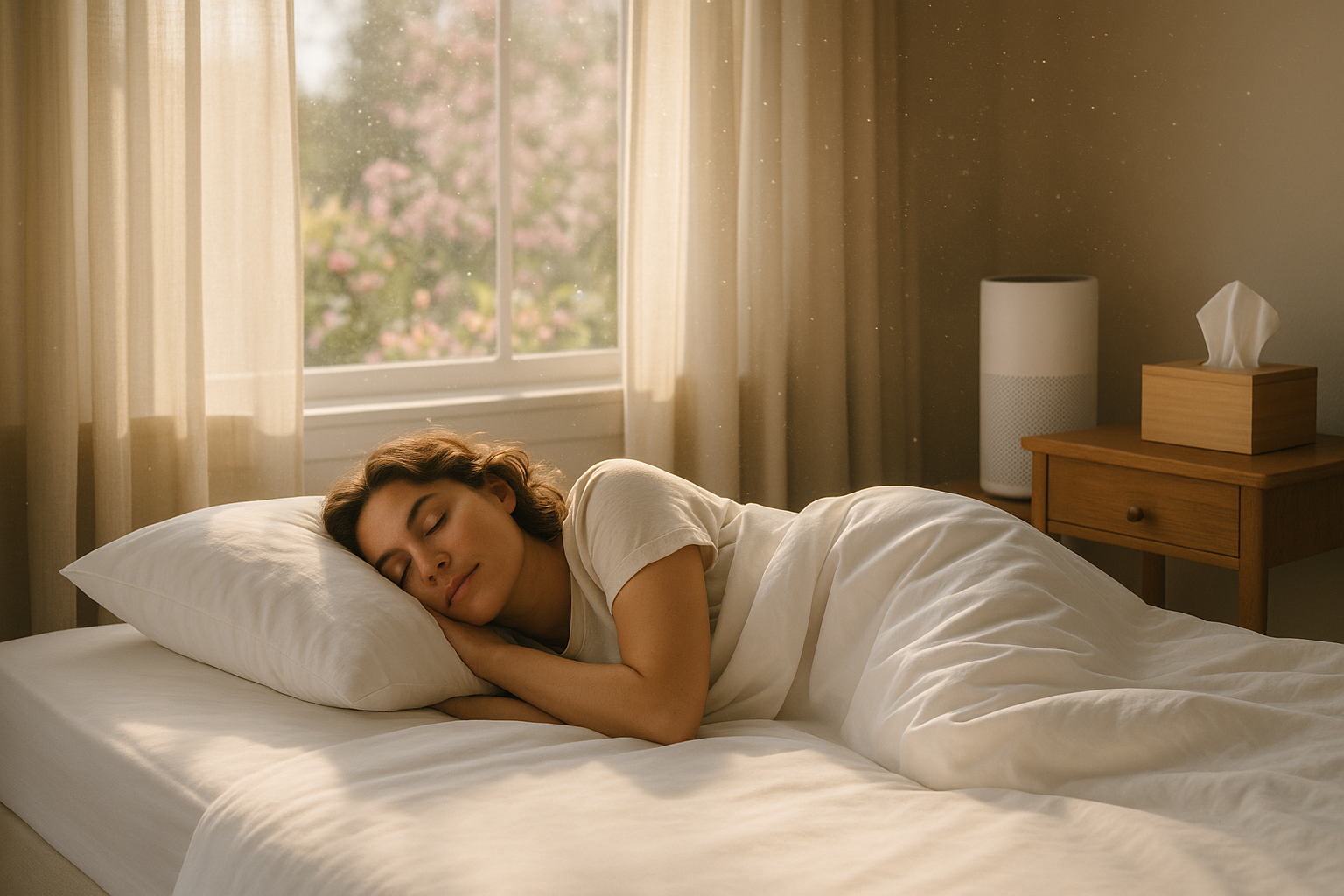 Woman peacefully sleeping on white bed with sunlight, tissue box, and air purifier in bedroom