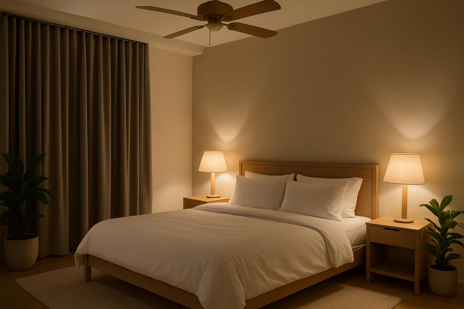 Minimalist bedroom with wooden bed, white bedding, bedside lamps, ceiling fan, and plants