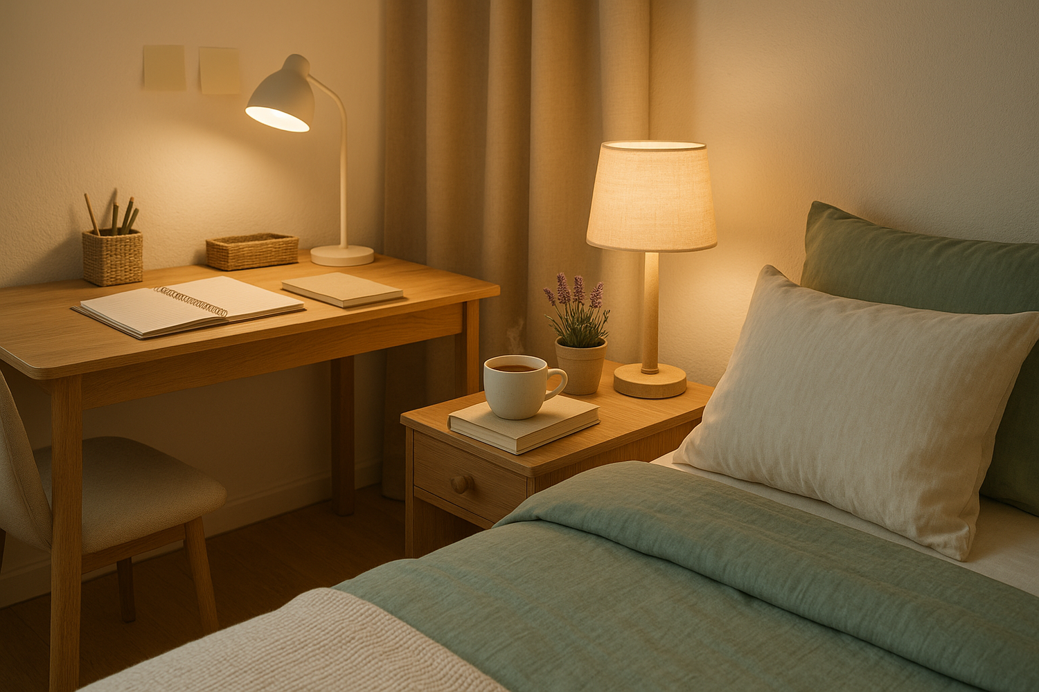 Cozy bedroom with wooden nightstand, soft green bedding, warm lamps, coffee cup, and study desk with notebook